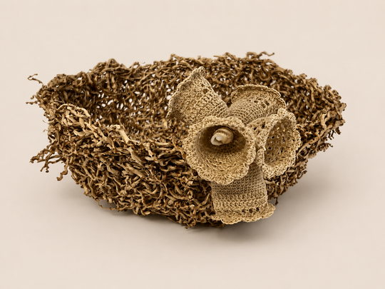 Hand woven palm inflorescence with crocheted linen flowers(2) Hand woven palm inflorescence with emu feathers Hand woven palm inflorescence with crocheted linen flowers